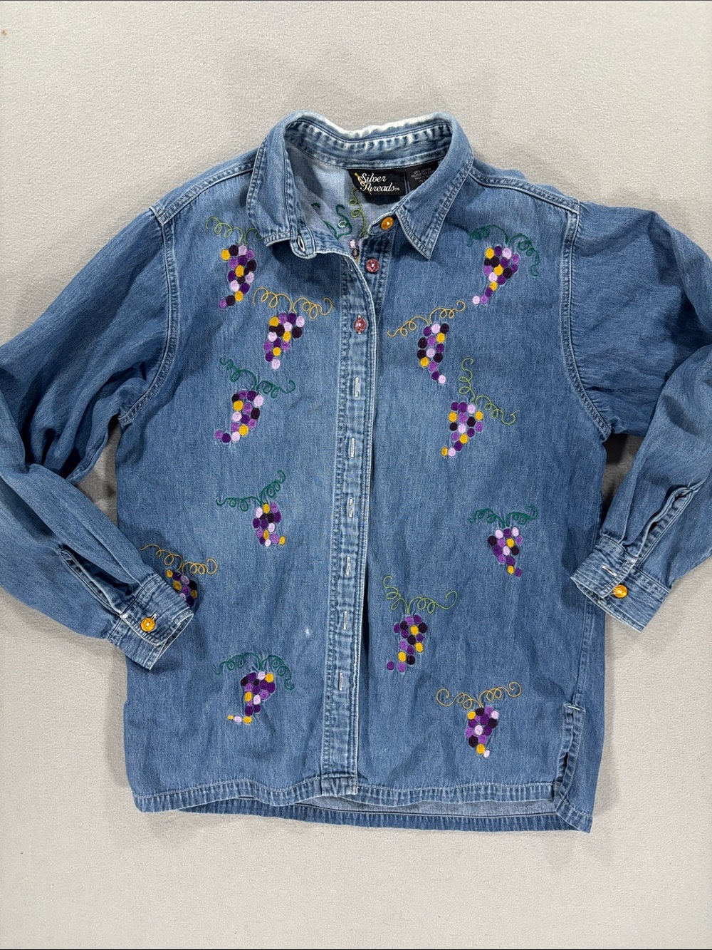 Vintage Silver Threads Embroidered Blue Denim Jean Jacket with Grape Motif -M